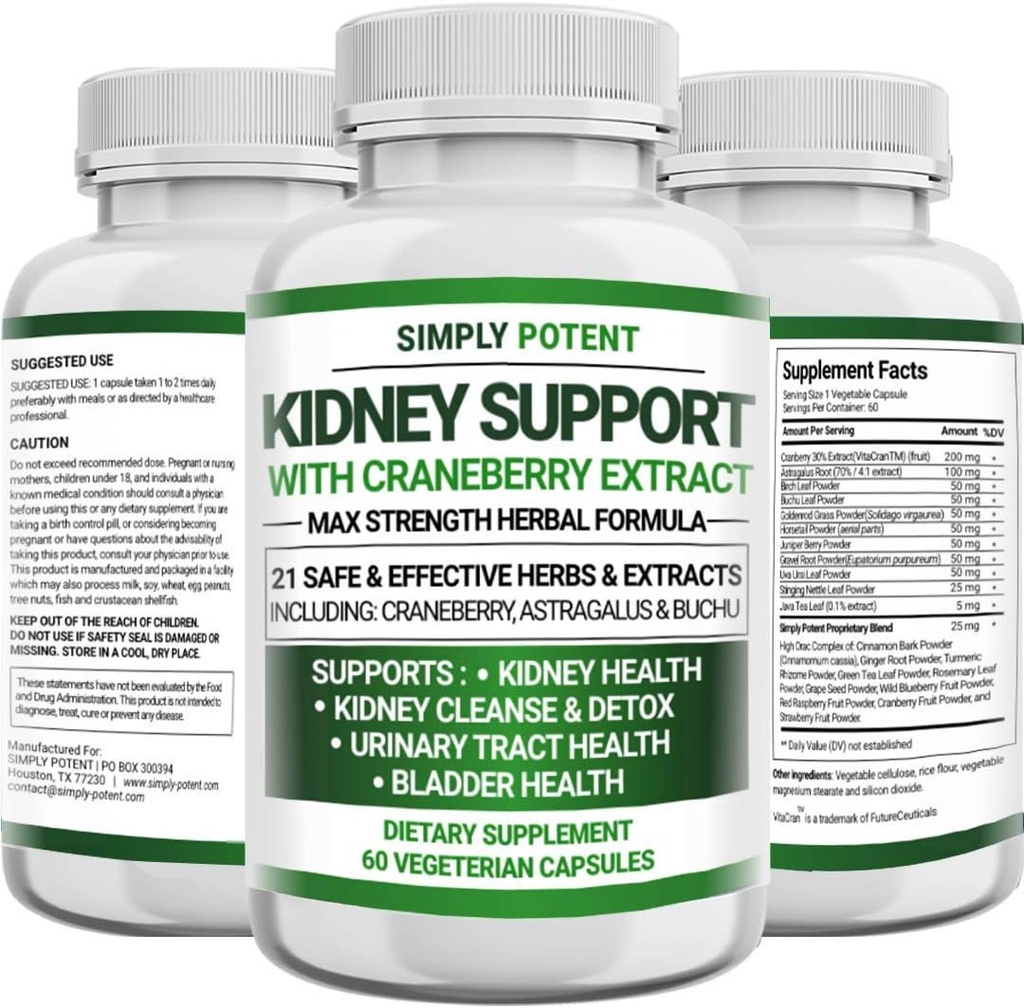 Supplemento di supporto per reni, Detox & Repair Formula per la salute e il ripristino dei reni, Pillole 705mg con 21 Herbs - Astragalus Cranberry & Juniper per la salute del tratto urinario e della vescica, 60 capsule