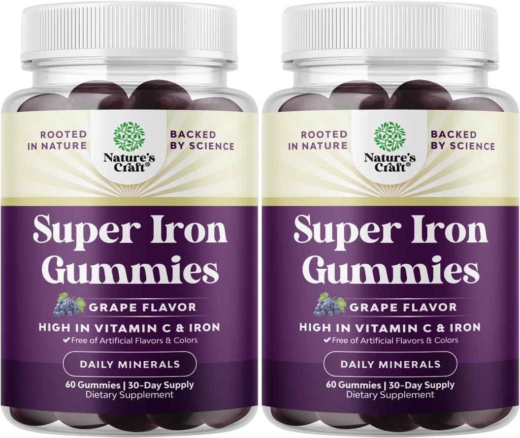 Gummie di ferro ad alta resistenza per le donne e gli uomini - Potente 45 mg per il supplemento di ferro masticabile per le donne e gli uomini con vitamina C Assorbimento superiore - Vegan Daily Gummy Adults (60 Serve)