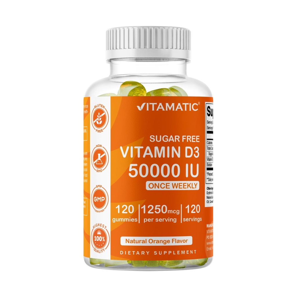Vitamatic Sugar Free Vitamin D3 50.000 IU Supplemento settimanale - 120 Gummie a base di pectina - Vitamina D Capsule per ossa, denti e supporto immunitario (50000 IU)