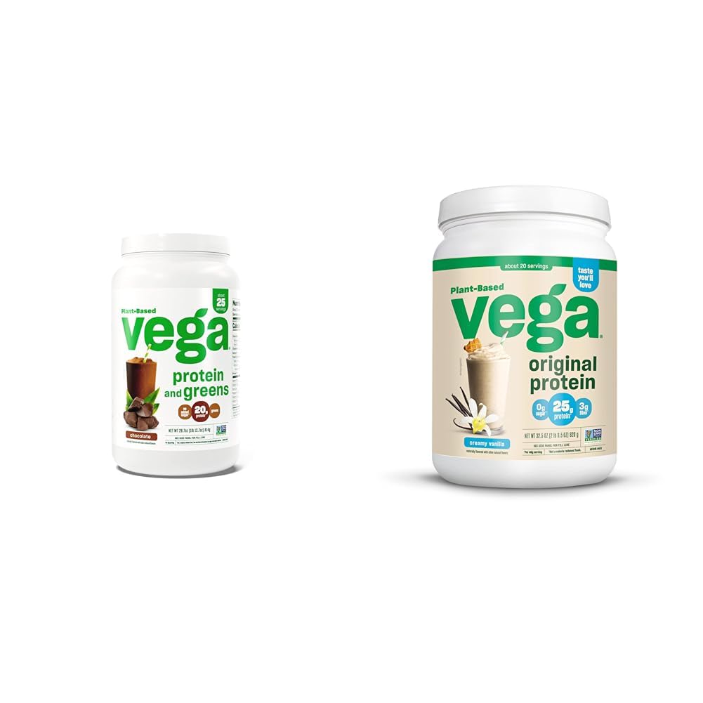 Vega Protein e Greens Protein Powder, Chocolate & Original Protein Powder, Creamy Vanilla Plant Based Protein Drink Mix per Acqua, Latte e Smoothies, 32,5 oz