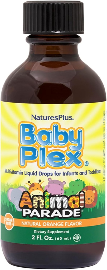 NaturesPlus Animal Parade Baby Plex, Natural Orange Flavor - 2 fl oz, Confezione da 2 - Liquid Multivitamin per neonati e bambini - Sugar Free, Gluten Free - 120 Total Servings
