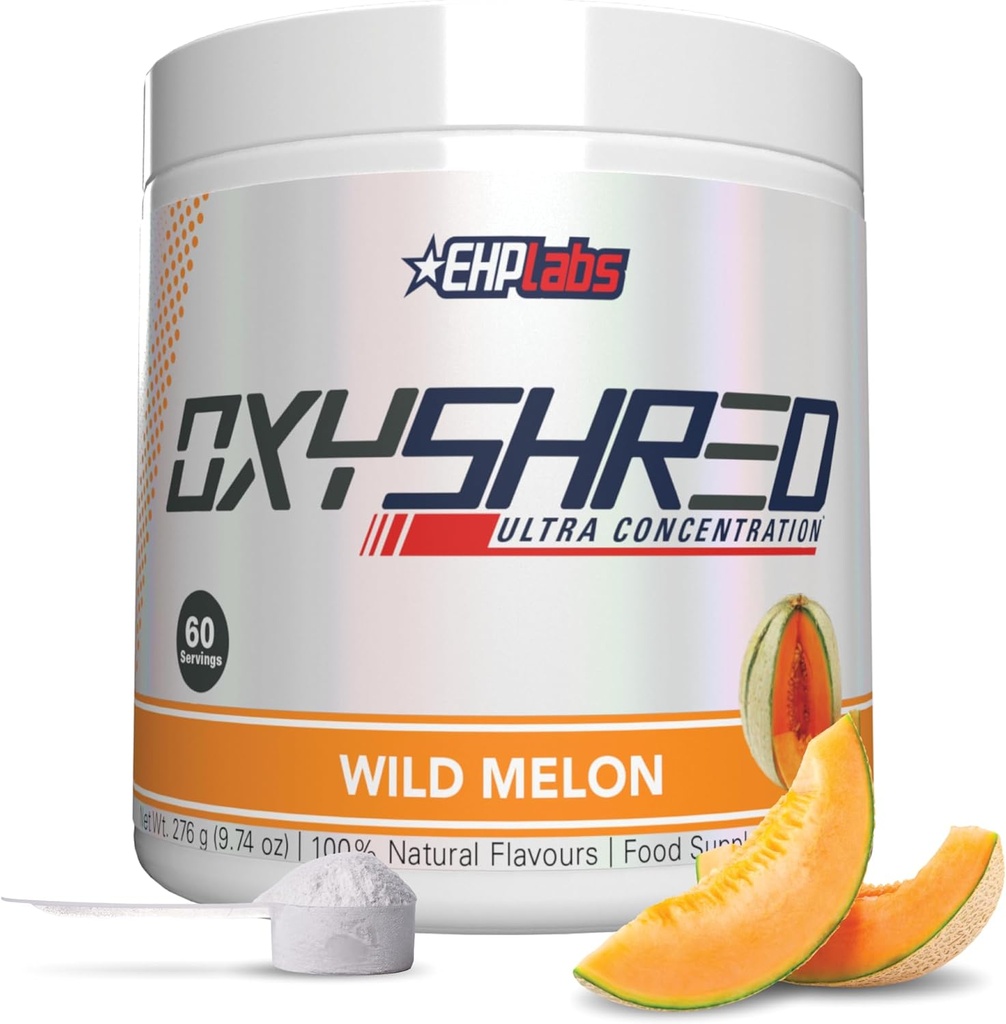 EHP Labs OxyShred Pre Workout Powder & Shredding Supplement - Polvere pre-allenamento con L Glutamina & Acetyl L Carnitina, Energy Boost Drink - Melone Selvatico, 60 Serve