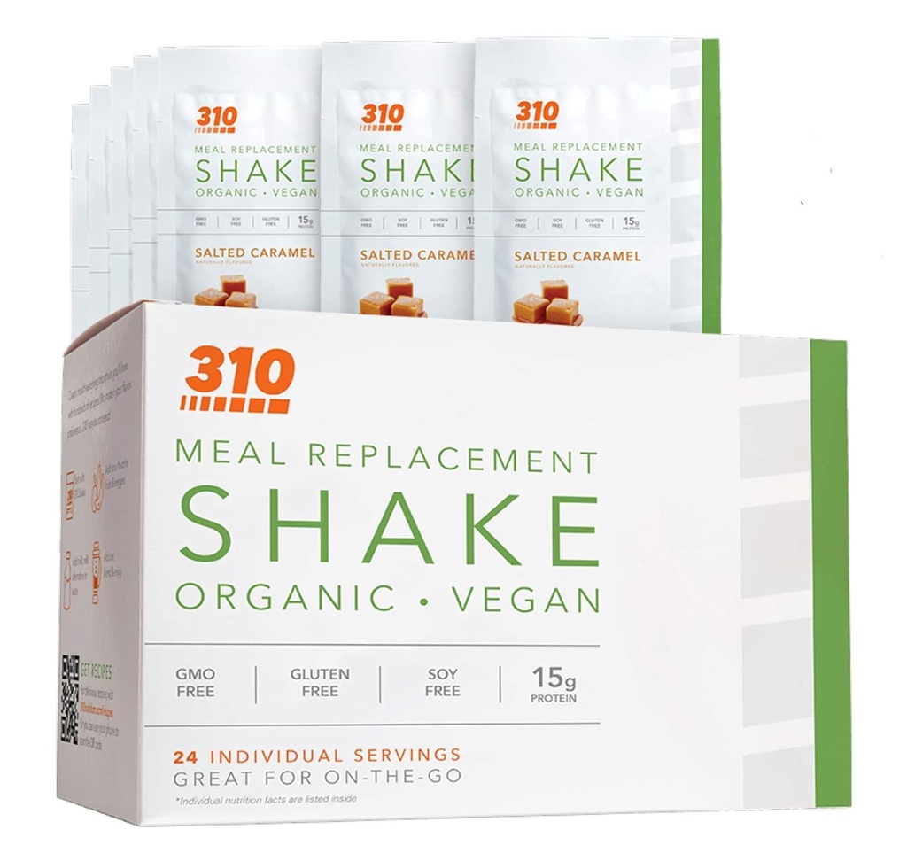 24 CT Organic Shake Box - Vegan Plant Protein Powder and Meal Sostituzione Shake - By 310 Nutrizione - Gluten, Latticini e Soia Libero - 0g di Zucchero | Keto e Paleo Friendly (Saltato Caramel)