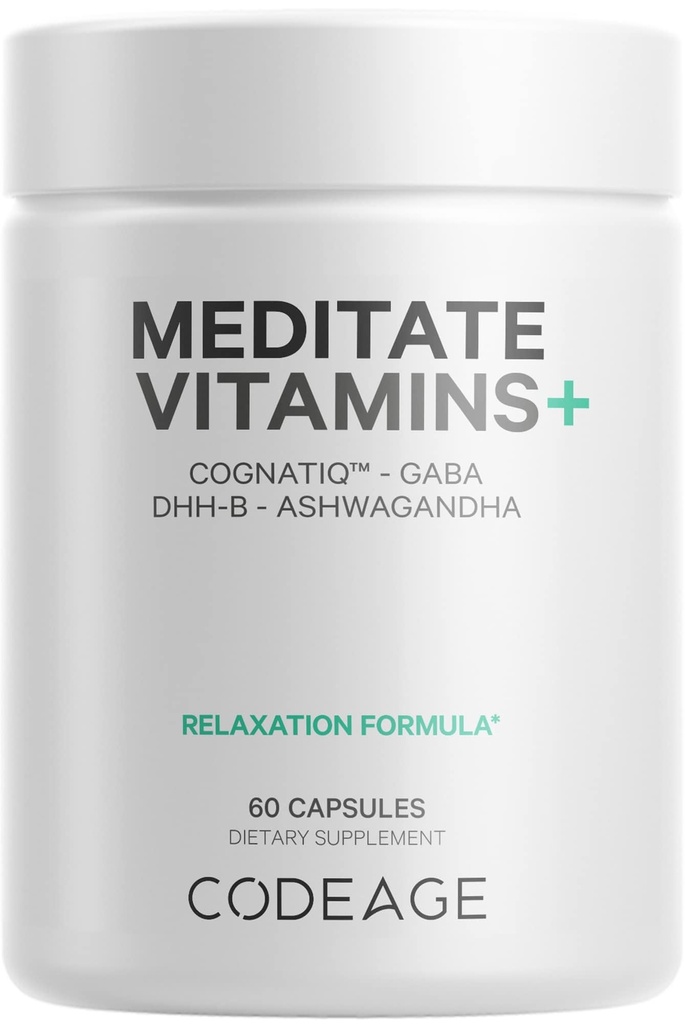 Codeage Meditate Vitamine+ Supplemento - CognatiQ, DHH-B, GABA, Ashwagandha, Funghi organici, Mirtilli - BDNF Brain Pills and Neuroprotein - Vegan, Non OGM, Gluten-Free - 60 capsule