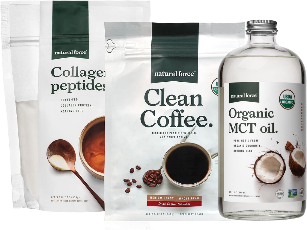 Natural Force Organic Clean Coffee + Collagen Peptides + Organic MCT olio Bundle – Tossina Free Coffee, Grass Fed Collagen, & MCTs - Non-GMO, Keto, & Paleo - 12 Oz, 11.7 Oz, 32 Oz