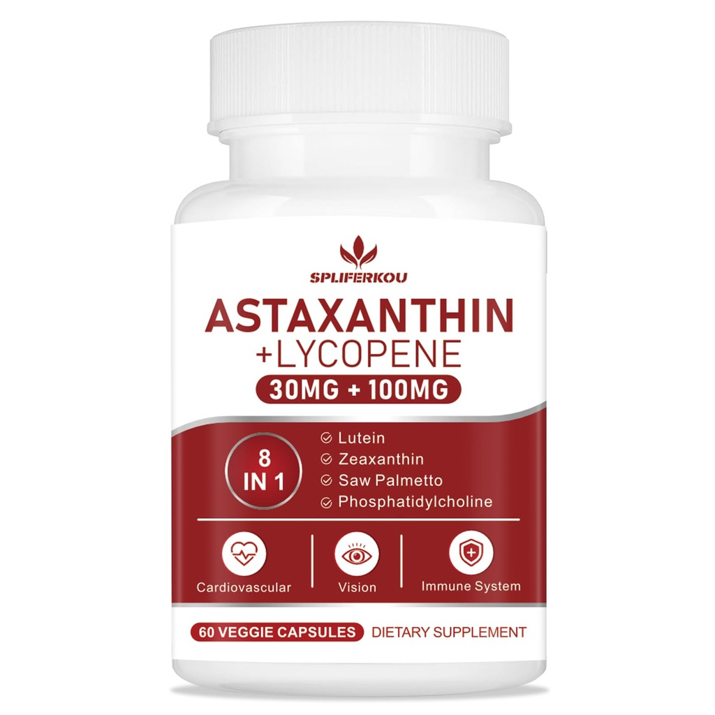 Astaxantina e licopene 70mg, Astaxantina Supplemento con Phosphatidylcholine, Lutein e Zeaxantina, Potente Antiossidante Supplemento Supporto per pelle, occhio e salute comune (60 capsule)