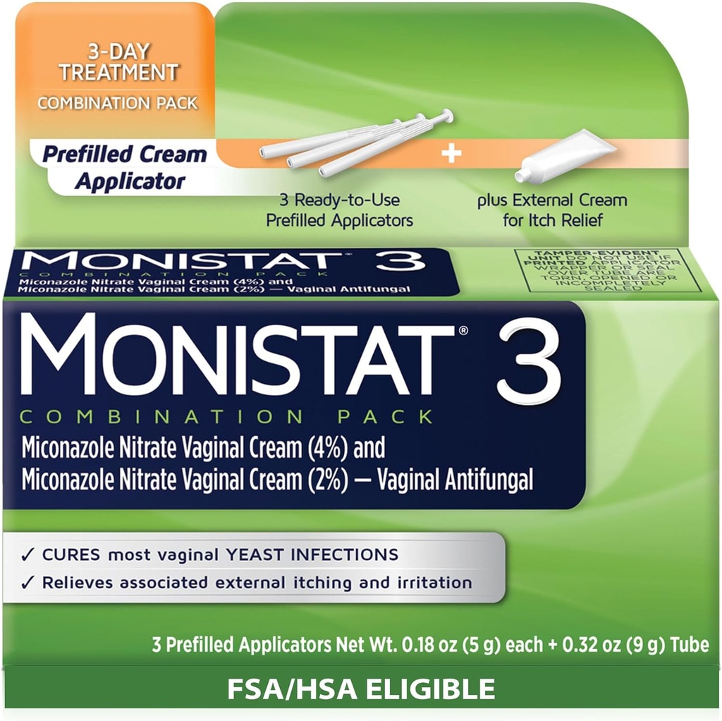 Trattamento di infezione da lievito di monistat 3 giorni per le donne, 3 applicatori di crema pre-filled Miconazole & crema di monistat esterno Bundle