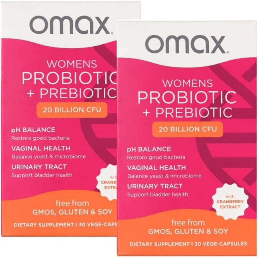 Complesso di prebiotici e probiotici Omax pacchetto per le donne, equilibrio di pH, salute vaginale, tratto urinario, lievito, prevenzione UTI/BV, Bloating pH 20 miliardi di CFU | Vegan, organico, senza glutine, 60 Vege-Capsules