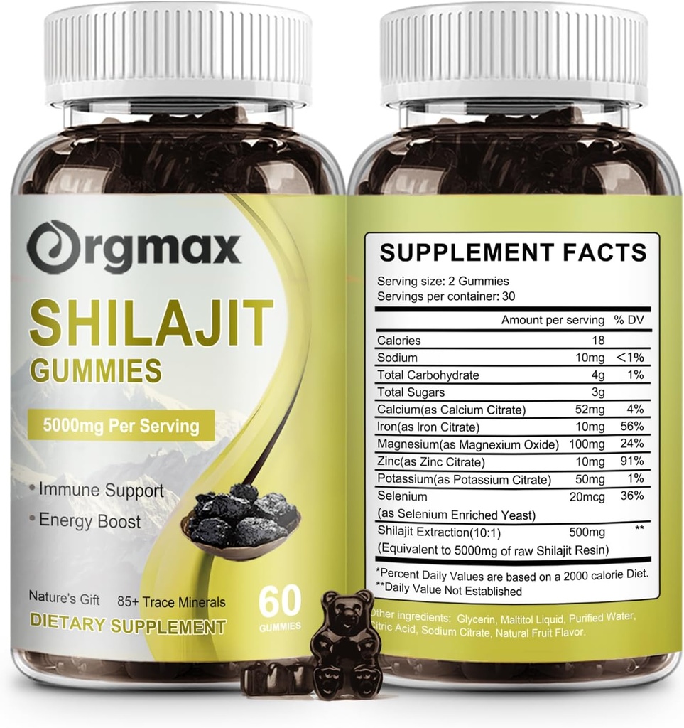 Shilajit Pure Himalayan Organic Shilajit Gummies,5000MG Integratore Shilajit per Uomini e Donne con 85+Metalli di Trace & Acido Fulvico, Supporto per Focus, Energia & Immune, Non-GMO|60 Conta,2 Pacchetti