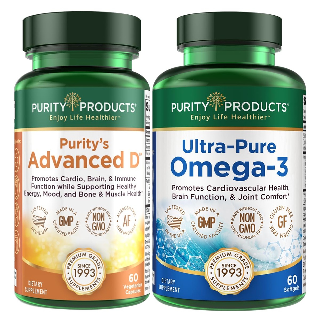 Prodotti di purezza KIT - Dr. Cannell's Advanced D + Omega-3 Ultra-Pure Fish Oil da Advanced D è imballato con vitamina D, vitamina K2, zinco, citrato di magnesio, boro e taurina