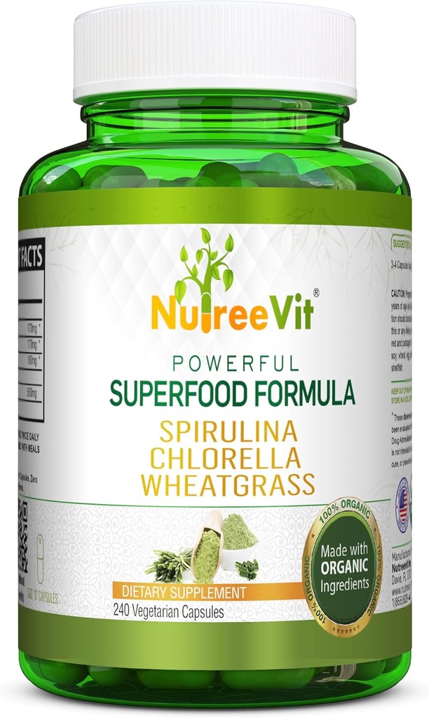 NutreeVit Pure 100% Organic Spirulina + Chlorella + Wheatgrass - Superfood potente - Capsule vegetali | 500mg