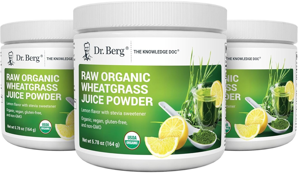 Polvere cruda del succo di Wheatgrass del Dr. Berg (60 selezioni) - Polvere di Wheatgrass Organica certificata USDA w / clorofilla, minerali di trace & enzimi naturali - Ultra-concentrato - Limone Flavor w / Stevia 3 Pack