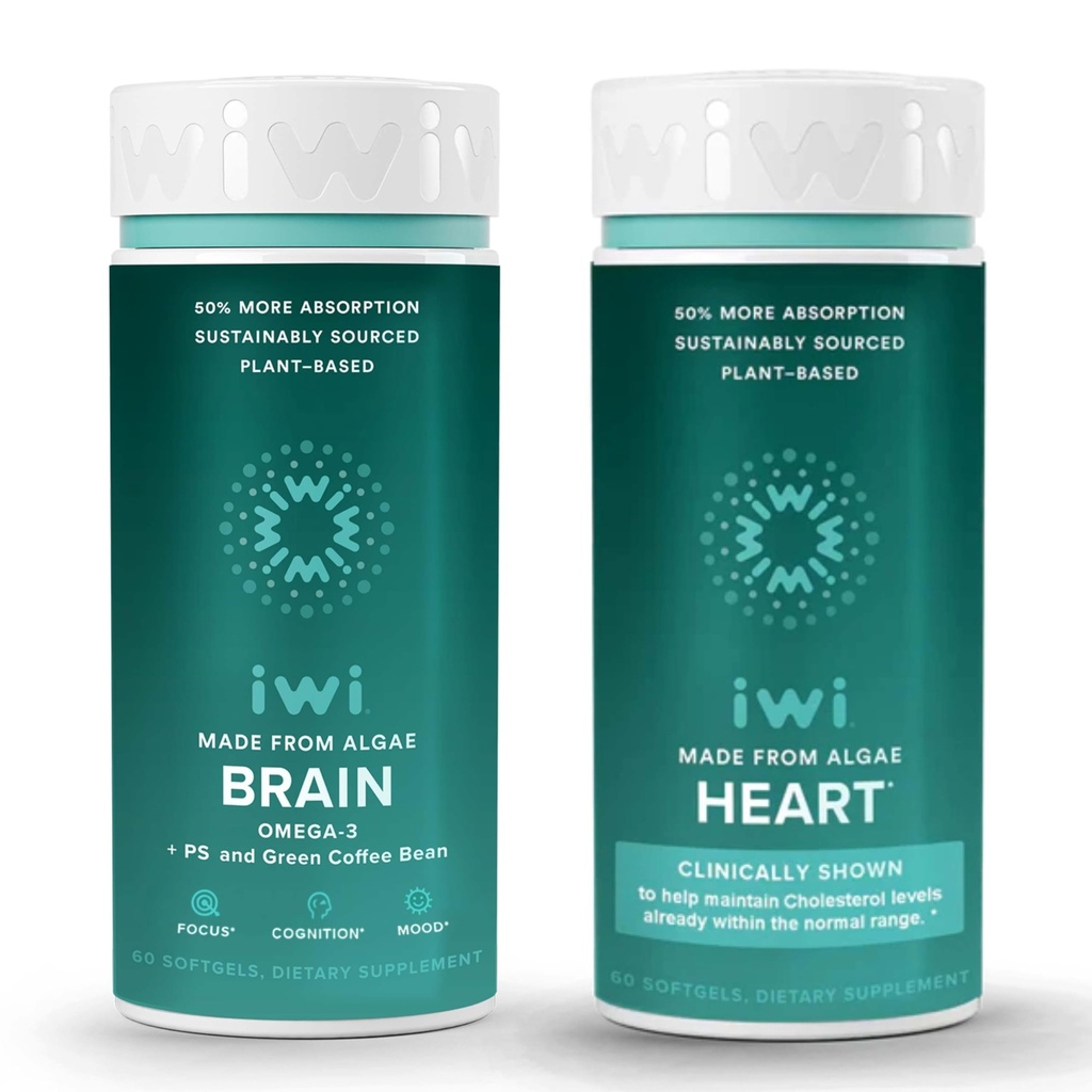 Iwi vita cervello & cuore Omega-3 Bundle, 30 Serve, Vegan pianta-based Algae Omega 3, Krill & Fish olio alternativa, No Pesce Aftertaste