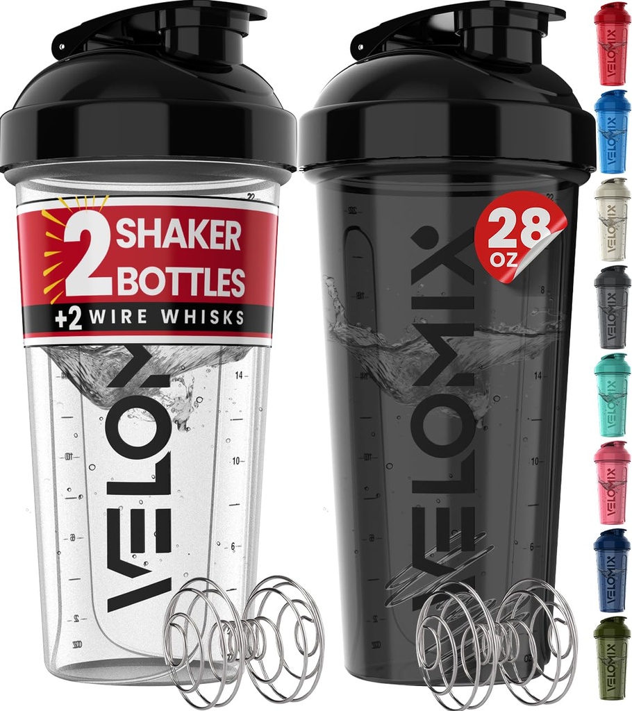 VELOMIX -2 Pack- 28 oz Protein Shaker Bottiglie per Miscele Proteine - 2x Wire Whisk | Leak Proof Shaker Cups per Protein Shakes | Protein Shaker Bottle Pack (nero/trasparente)