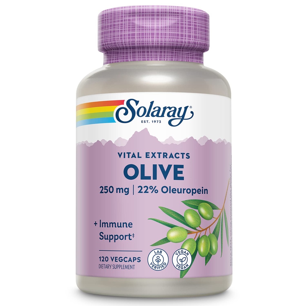 SOLARAY Olive 250mg - Olive Leaf Extract Capsule con 22% Oleuropein, Plus Lemon Balm - Polyphenols Supplemento per il supporto benessere - Vegan, 60-Day Guarantee, Lab Verified - 120 Serve, 120 VegCaps