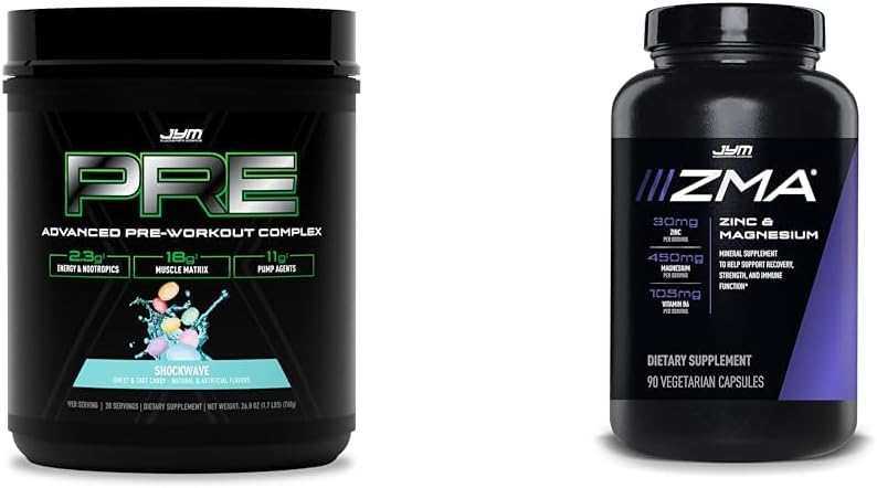PRE GIUGNO X - Shockwave Pre Workout Powder & JYM ZMA Zinc/Magnesium Capsule Supplemento - Zinco, Magnesio e Vitamina B6 | 90 Capsule Vegetariani