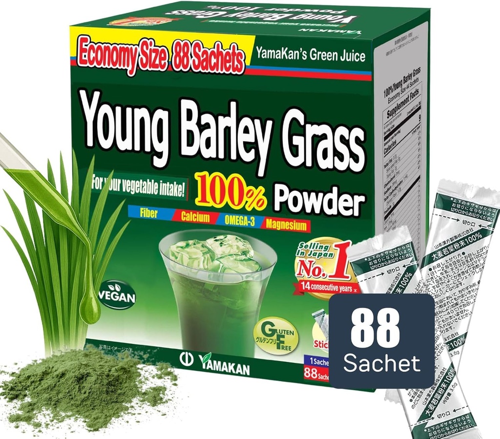 山本s社 YAMAKAN Polvere di erba d'orzo giovane, polvere di superfood verde ricca di nutrienti, minerali, vitamine e proteine vegetali per le donne e gli uomini, erba d'orzo dal Giappone, non GMO 88 Conte
