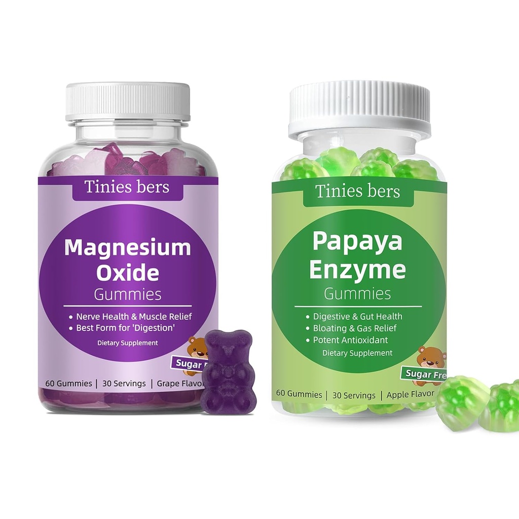 Tinies bers Papaya Enzyme Gummies e Magnesio Ossido Gummies, Salute digestiva per adulti e bambini, Vegan, Sugar Free, Non OGM, Pectin