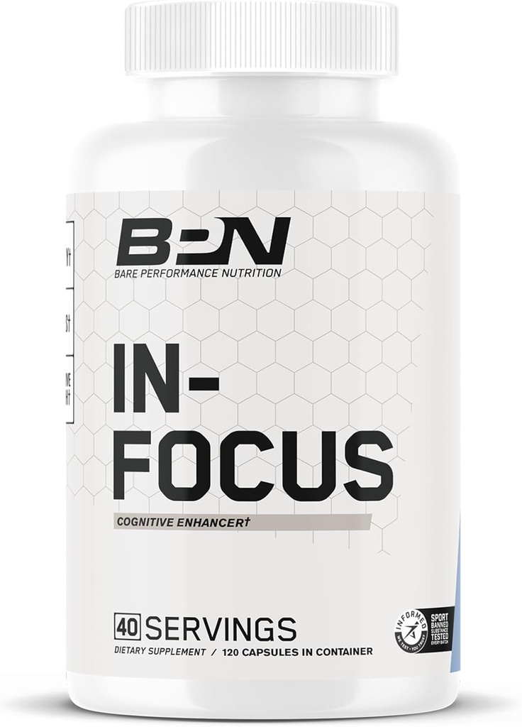 BARE PERFORMANCE NUTRITION BPN in-Focus Brain Supplemento per la memoria & Focus Caffeine Pills, 1g di L Tyrosine per Serving + Alpha GPC, 40 Serve, Gluten Free + Vegan