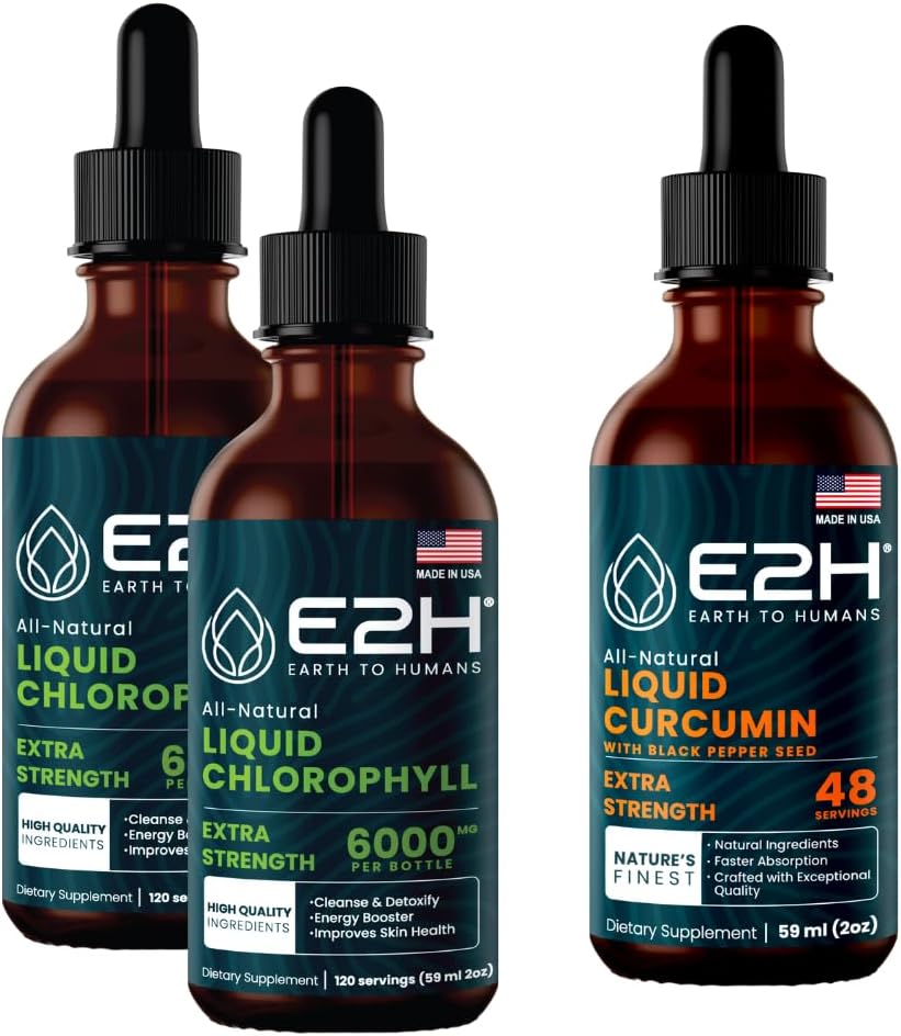 E2H: Gocce liquide clorofille (2 Pack - 4 Fl Oz) e curcumina curcuma liquida (bottiglia singola - 2 Fl Oz) | Vegan, Non OGM - (6 Fl Oz Totale) - Bundle