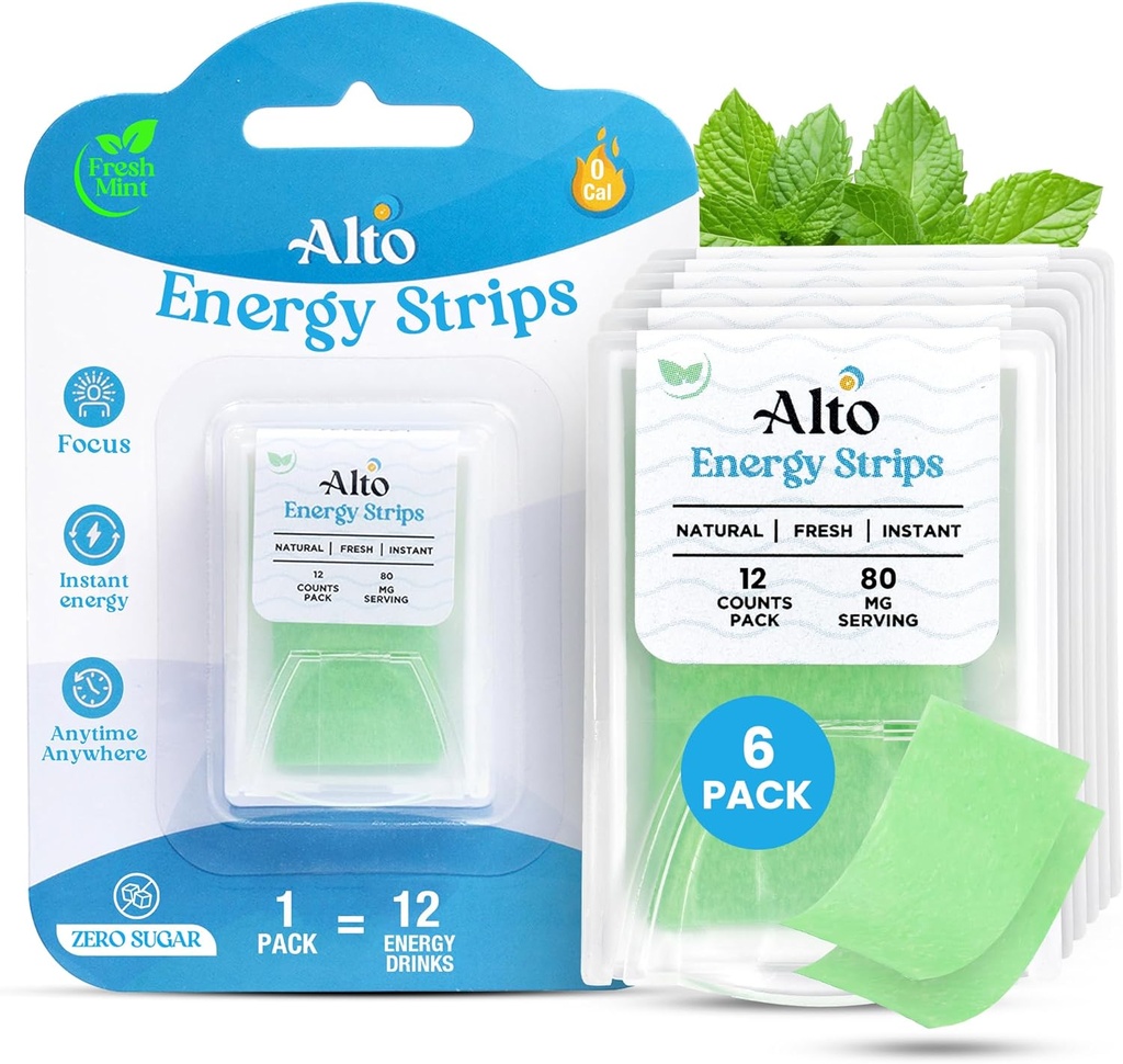 Strisce ad alta energia con 80 mg di caffeina naturale per porzione – 10X Assorbimento più veloce | 12 Deliciously Minty Strips ≈ 12 Bevande di energia | Energia e Focus Boost Anytime, Anywhere – 6 Pack