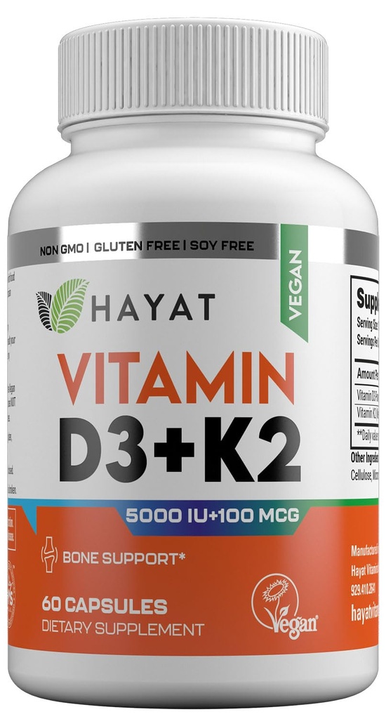 Vitamine HAYAT Vegan Vitamin D3+K2 (5000 IU + 100 MCG), Integratore alimentare per Bone, denti, muscolo e assistenza sanitaria immunitaria, 2 mesi di fornitura, Halal certificato, 60 capsule, Made in the USA