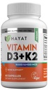 Vitamine HAYAT Vegan Vitamin D3+K2 (5000 IU + 100 MCG), Integratore alimentare per Bone, denti, muscolo e assistenza sanitaria immunitaria, 2 mesi di fornitura, Halal certificato, 60 capsule, Made in the USA