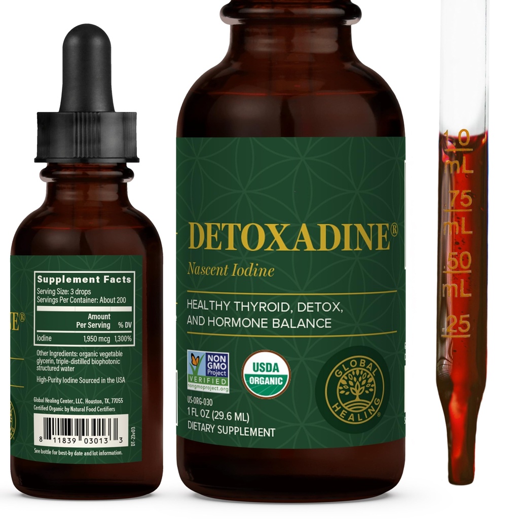 Global Healing Center - Detoxadine - Organic Nascent Liquido Iodio Supplemento Drops for Thyroid Support, Detox Cleanse, and Metabolism - Non-GMO, Vegan, 200 Servings Gocce di iodio (1 Oz)