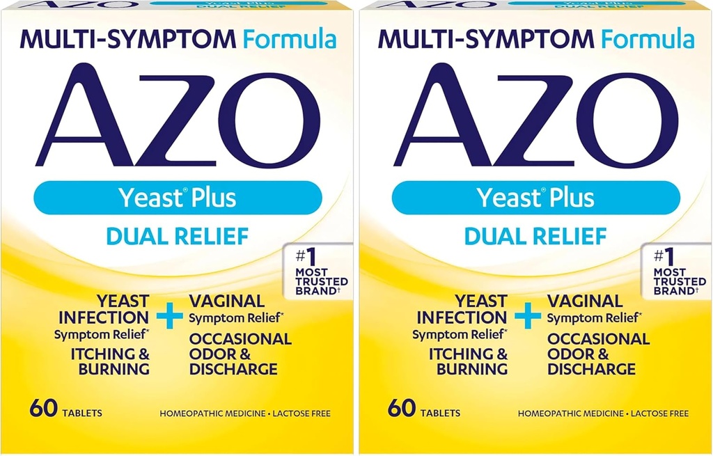 AZO Yeast Plus Dual Relief Tablets, lievito infezione e sollievo vaginale sintomo, allevia prurito & Burning, 60 conteggio (pacchetto di 2)