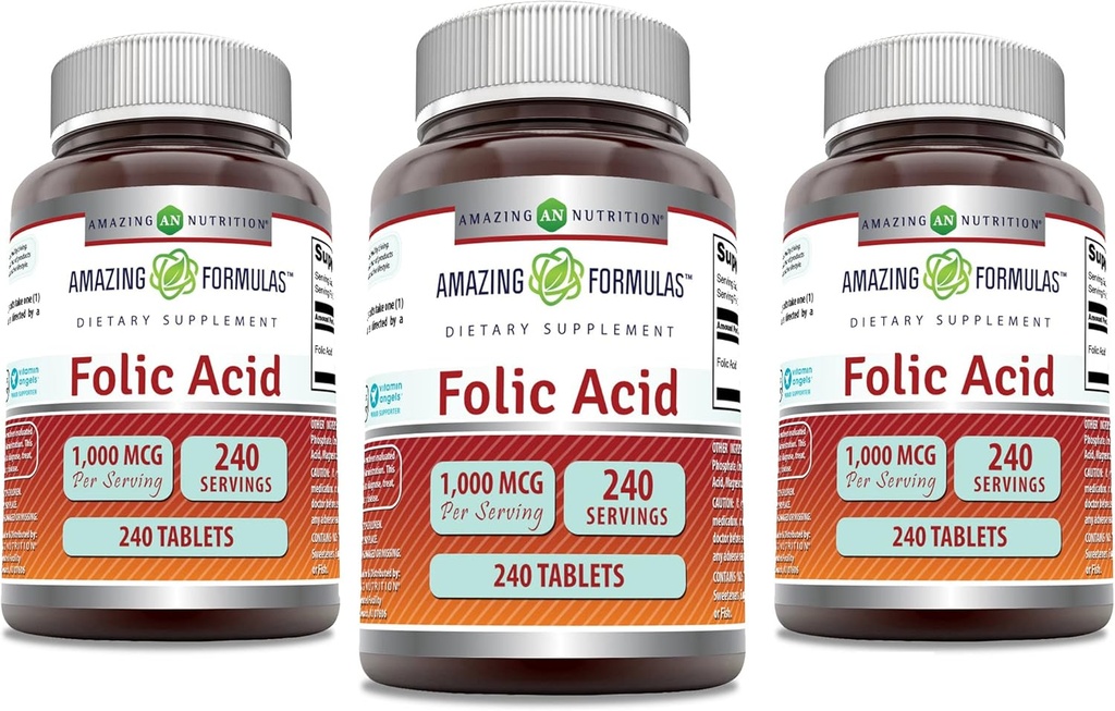 Incredibile Formulas Folic Acid 1000 mcg (1 mg) Compresse Supplemento | Vitamina B9 | Non-GMO | Gluten Free | Made in USA (240 Count | 3 Pack)