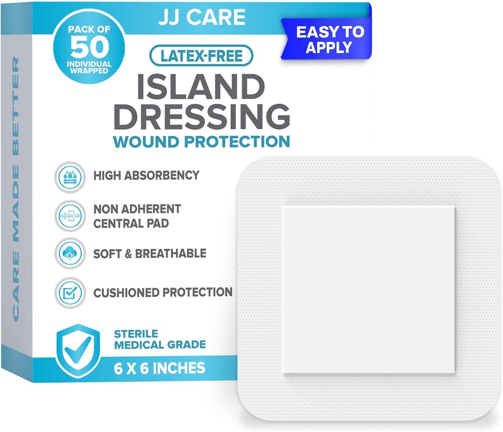 JJ CARE Adhesive Island Dressing [Pack of 50], 6x6 Sterile Bordered Gauze Dressing, Isola traspirante Wound Dressing Individualmente Wrapped con Highly Absorbent Non-Stick Center Pad