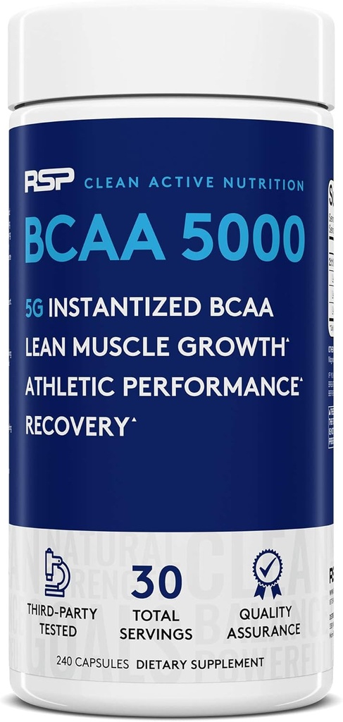 RSP BCAA 5000 (30 Serv), capsule BCAA Premium per il recupero del muscolo post allenamento, Endurance & Energy, 5g di aminoacidi a catena ramificata essenziali per il servizio