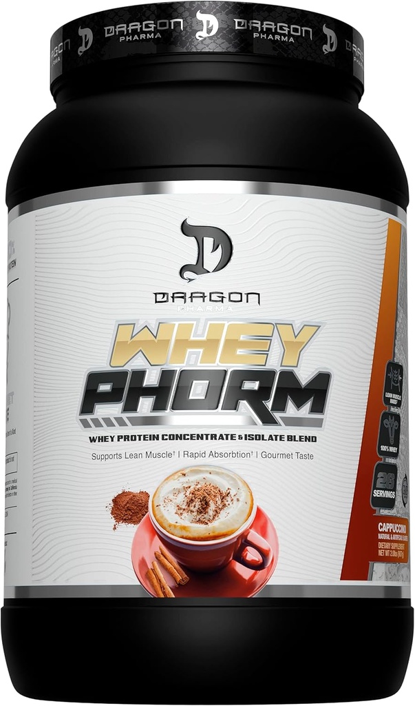 DRAGON PHARMA Whey Protein Blend, Assorbimento Veloce, Gluten Free, 100% Whey Protein, WheyPhorm, Maximize Recovery, Great Tasting, 25 Grammi di Protein (26 Servings, Cappuccino)