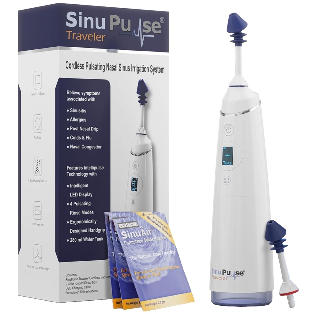SinuPulse Traveler con 30 pacchetti Sinuair - Pulsante senza cordone Irrigazione nasale Sinus Rinse System, Risparmio spazio Cleaner & Relief Machine per il viaggio, Più efficace di Neti Pot o Nose Spray Bottiglia