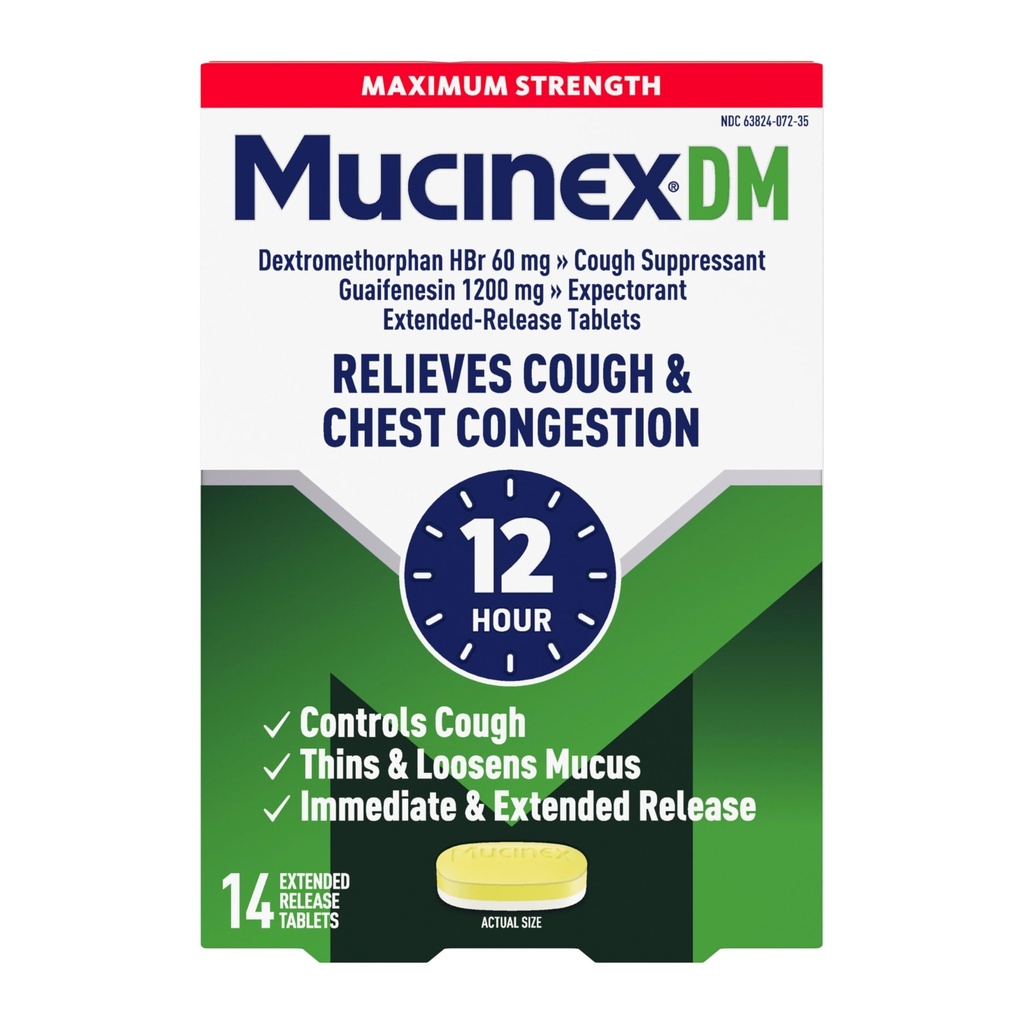 Soppressore della tosse e atteso, Mucinex DM Massima resistenza 12 ore compresse, 14ct, 1200 mg Guaifenesin, Allevia la congestione del petto, Tranquilli bagnato e tosse secca, 1 medico consigliato OTC Expectorant