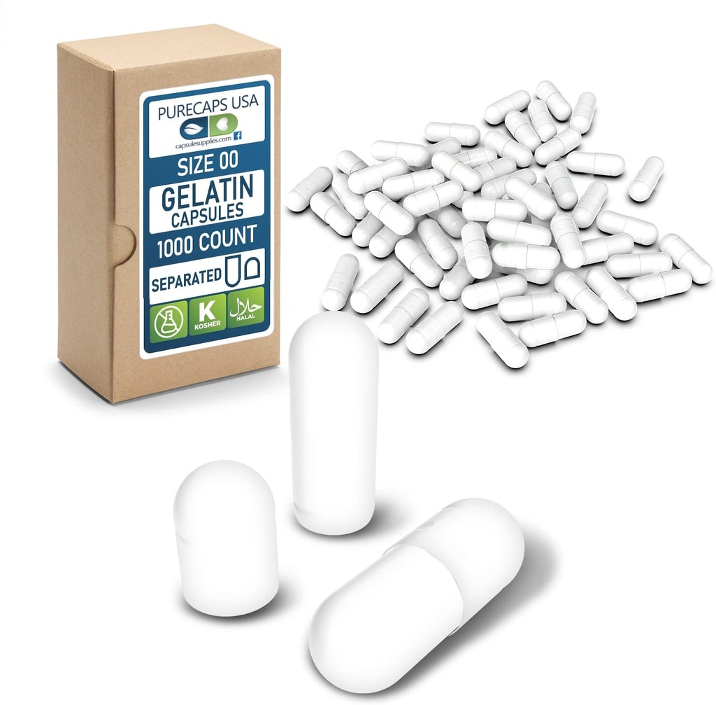 PureCaps USA - Empty Gelatin Capsules Size 00| 1.000 Pills| White| Non OGM Certified | SLS, Gluten, Preservative Free