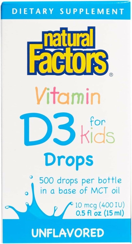 Fattori naturali, Vitamina D3 Gocce 400 UI (10 mcg) per bambini, Supporta le ossa forti e la funzione immunitaria, 0,5 fl oz, 0,5 Oz