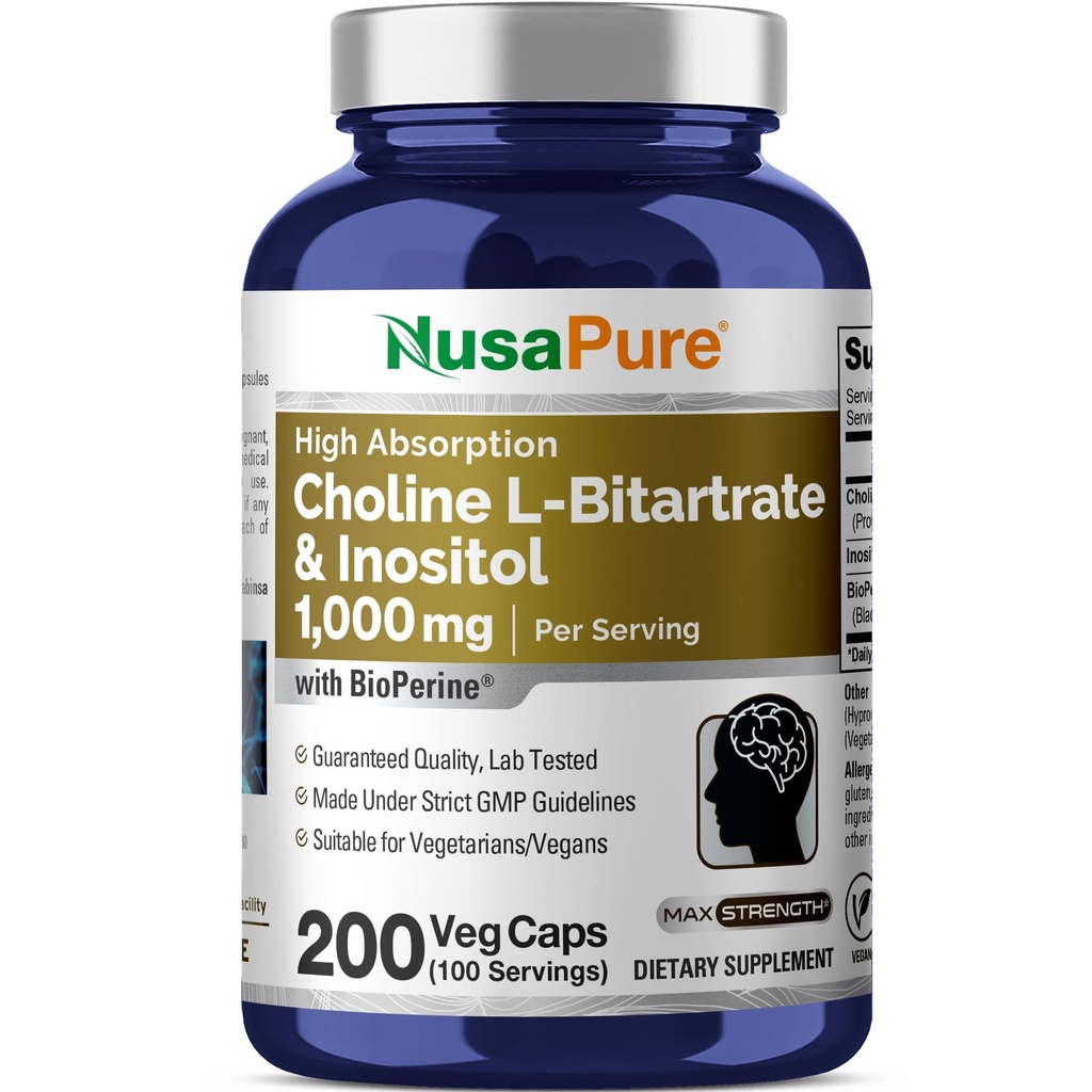 NusaPure Choline & Inositol 1000mg - 200 Caps Veggie (100% Vegetariano, Non OGM) Bioperine