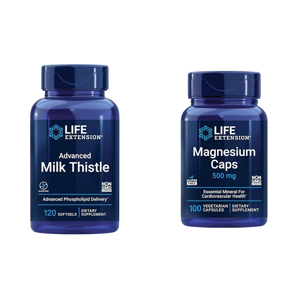 Estensione di vita Latte avanzato Thistle 120 Softgels e Magnesium 500mg capsule per la salute del fegato, il supporto di disintossicazione, la salute del cuore e le ossa sane