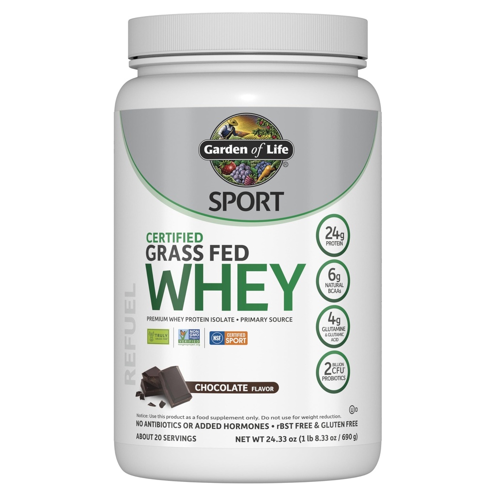 Cioccolato della proteina del siero di sport del giardino di vita, proteine del siero dell'erba Premium Isolate Plus Probiotici per la salute del sistema immunitario, proteine 24g, non OGM, senza glutine, lavorate a freddo - 20 porzioni