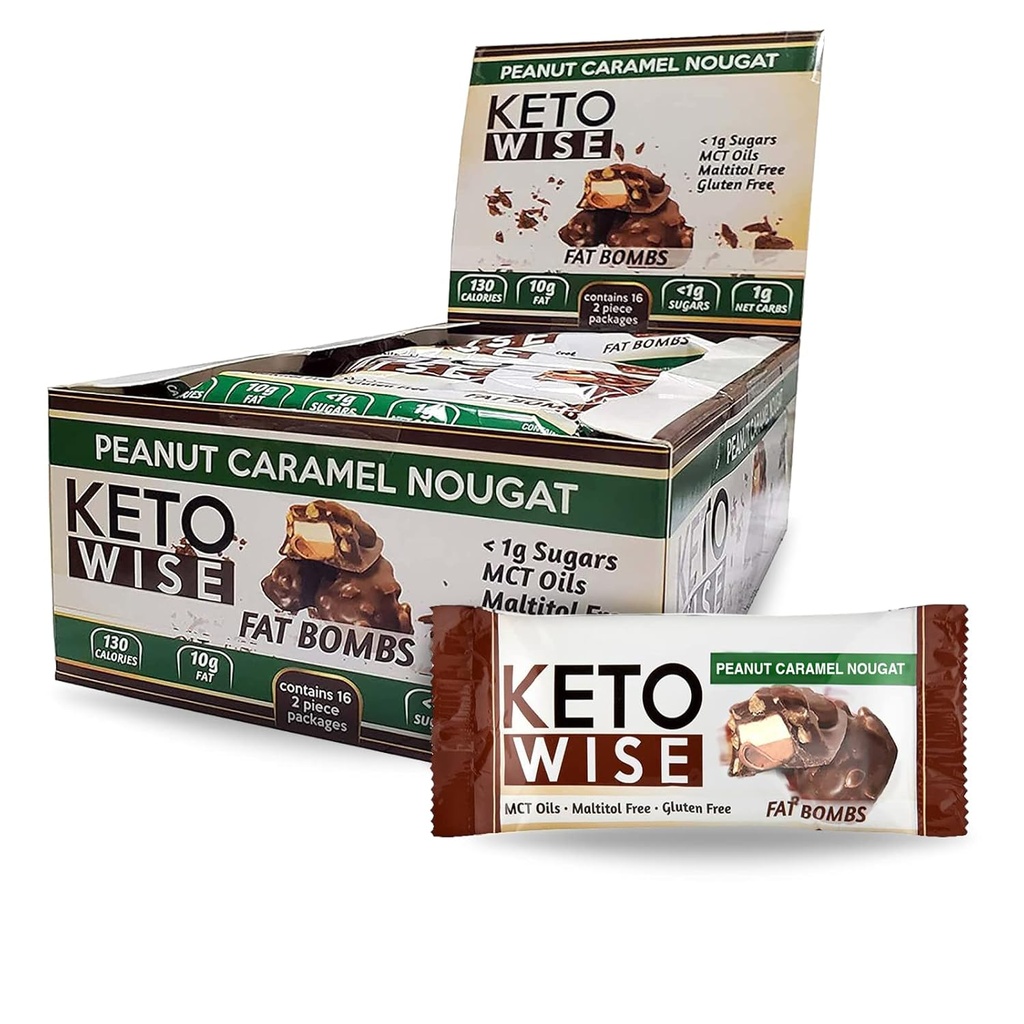 Keto Wise Fat Bombs - Realizzato con Cioccolato contenente olio MCT - Basso Grasso, Basso Carburo e Keto Friendly Snack - 7g Grasso, 2g Carbs Net | Torrone Caramel di arachidi, Confezione da 16