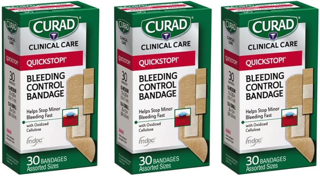 Curato Quickstop Flex-Fabric Bandages, Quickstop Bleeding Control Technology, Assorted Sizes, 30 Count (Pack of 3)