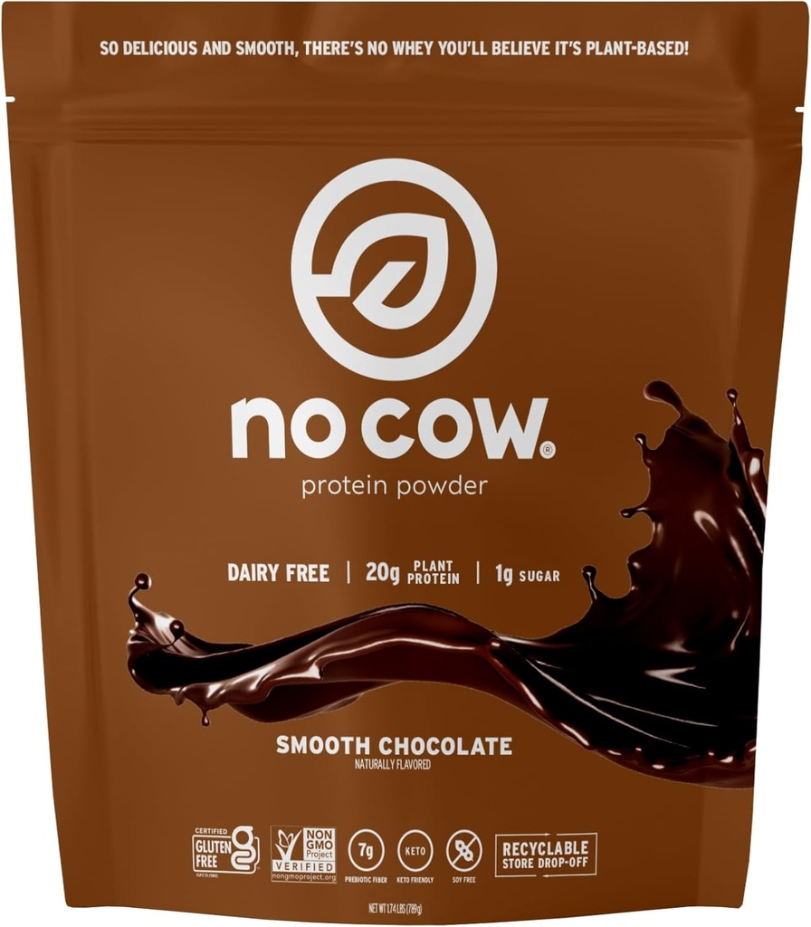 No mucca Vegan Protein Powder, Cioccolato, Proteine a base di piante 20g, Sacchetto riciclabile, Latticini Free, Soy Free, Nessun Zucchero Aggiunto, Keto Friendly, Gluten Free, Naturally Sweetened, Non OGM, Kosher, 1.74 Pound