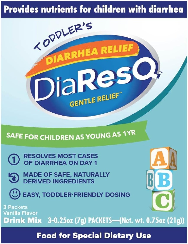 DiaResQ Diarrhea & Immune Support Miscela di bevanda di colostrum per i bambini (1+ anni) Confezione di 3, Rilievo Gentle, Aiuta a ripristinare la funzione intestinale normale, Antibiotici & D-Free, Gluten Free, Vanilla Flavor