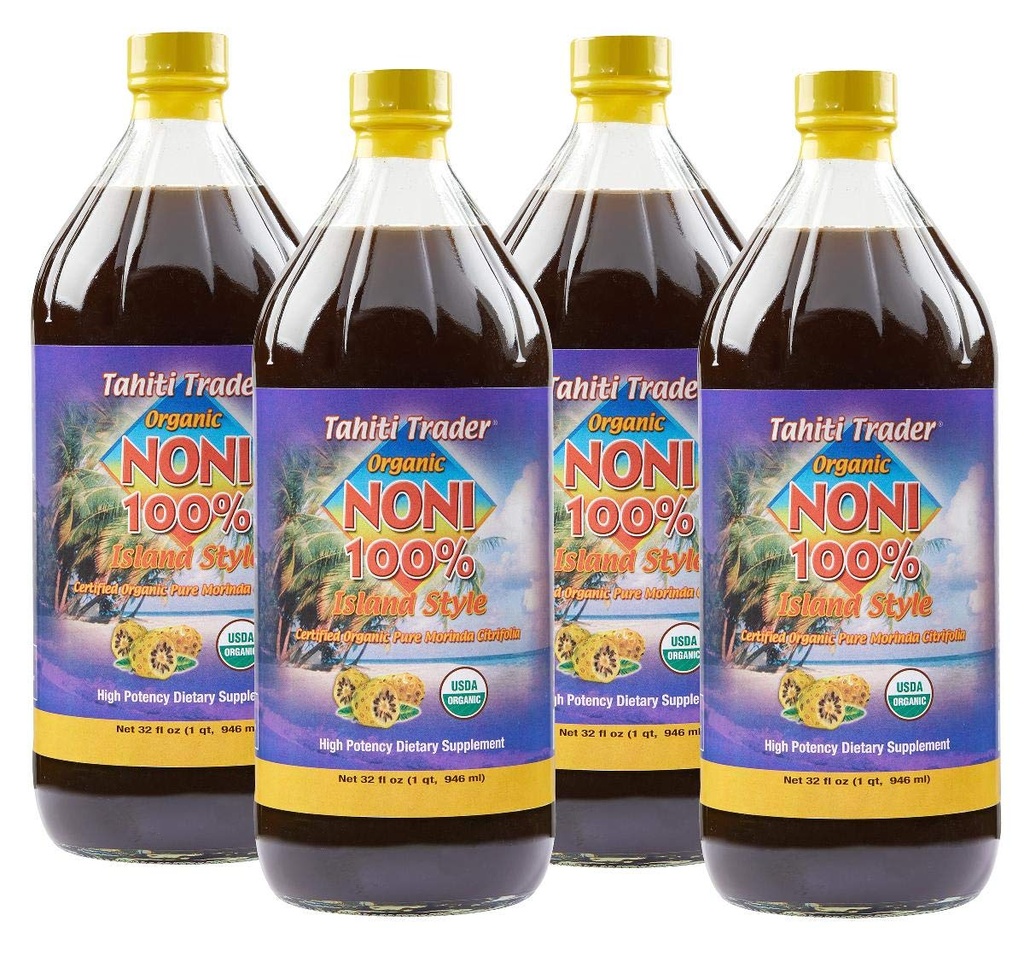 Tahiti Trader Island Style High Potency Noni Juice - Succo di frutta puro noni Fermented a Aceto - Superfood Antiossidante Organico Supporta Energia & Body Health - (32oz, 4 Pack)