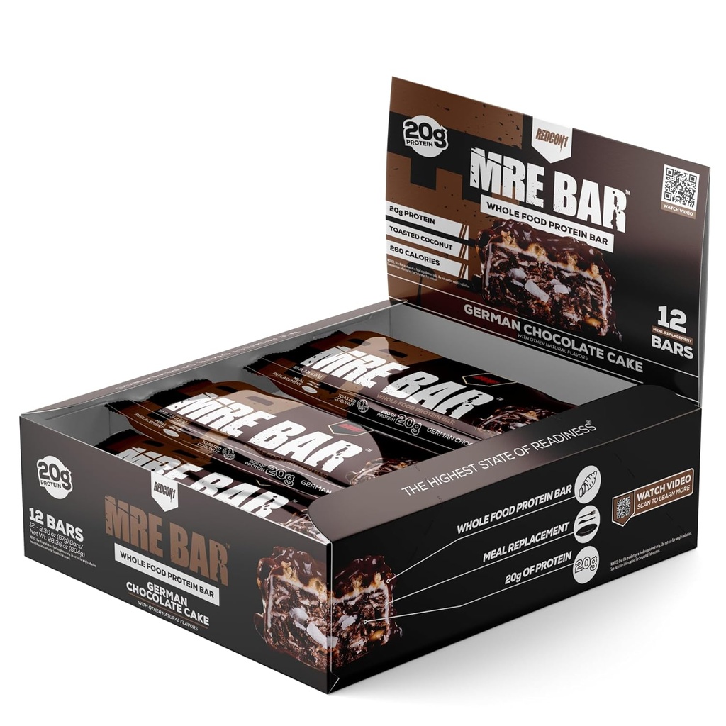 REDCON1 MRE Protein Bar, Torta di Cioccolato Tedesca - Contiene olio MCT + 20g di Proteine Alimentari Intere - Facilmente Digeribile, Macro Balanced Basso Zucchero Sostituzione Bar (12 bar)