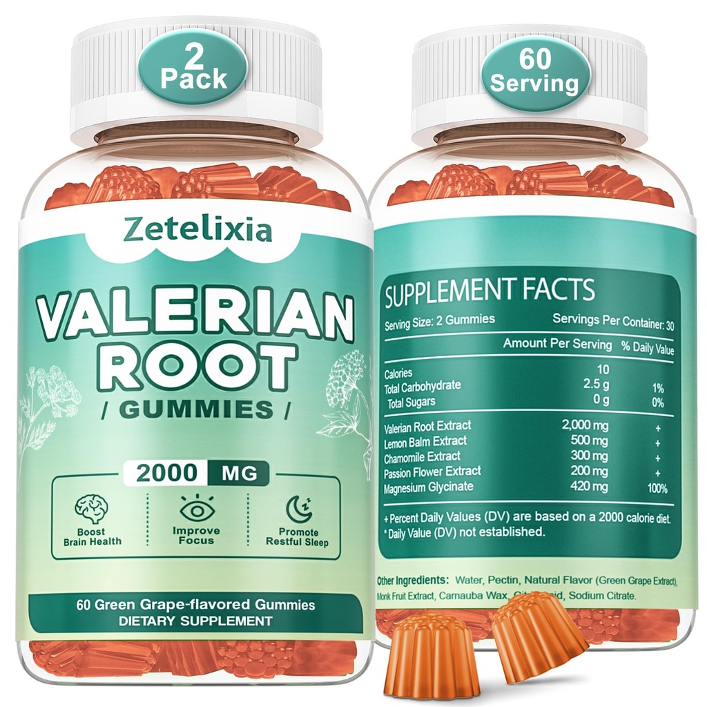 2 Pack Organic Valerian Root Gummies, Natural Calm to Help Relax, Integratore di erbe per il supporto del mood, Melatonin Free, Non-GMO, Gluten Free, Vegan, Green Grape Flavor, 120 Count