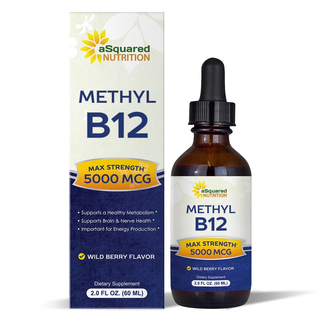 aSquared Nutrition Vitamina B12 gocce liquide sublinguali - 5000 MCG Supplemento con metilcobalamin (metil B-12) - Assorbimento massimo B 12 per aumentare l'energia - Vegan Friendly - 2 fl oz