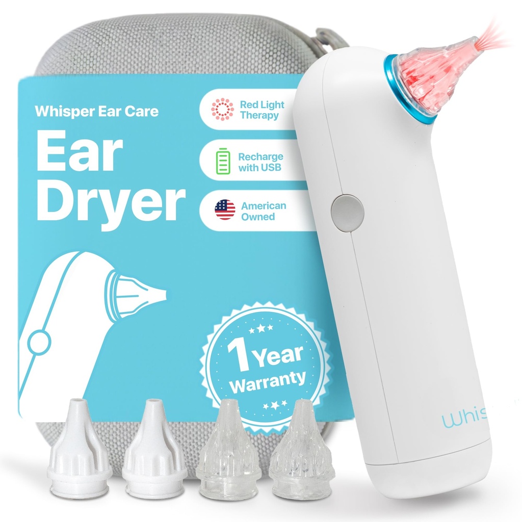 Asciugatrice + Caso | USA | 1 anno di garanzia | Asciugatura dell'acqua dell'orecchio ricaricabile con la terapia della luce rossa Fornisce l'aria calda gentle all'orecchio per combattere Annoying Swimmers Ear Infections as a Ear Fluid Remover