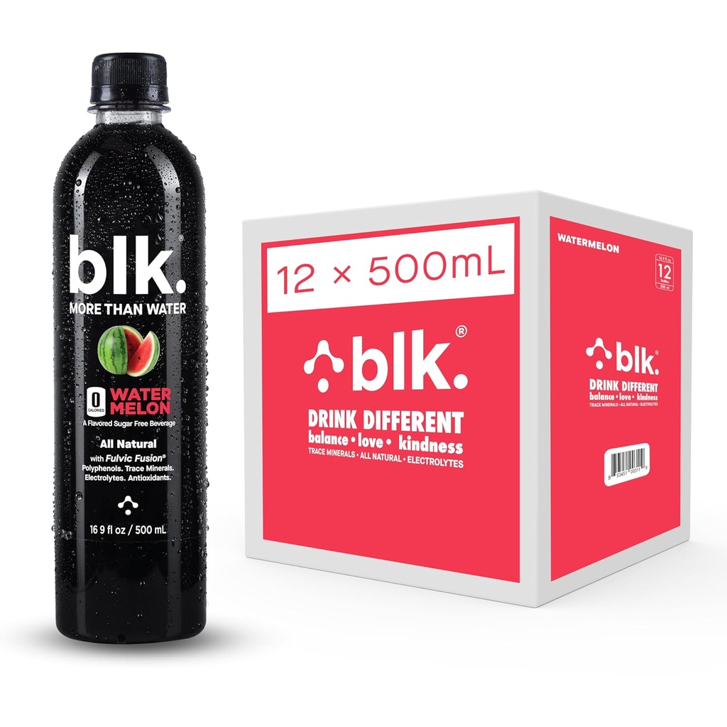 Blk. Acqua minerale naturale alcalina, anguria, 500 mL Confezione da 12, 8 pH Acqua, Biodisponibile Fulvic & Humic Acid Extract, Trace Minerals, Electrolytes to Hydrate, Riparazione & Ripristino Celle